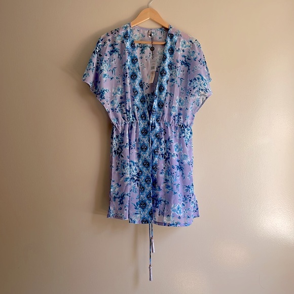 NWT (XS) Nanette Lepore swim wrap in lilac turquoise gold fringe tassels kaftan - Picture 14 of 14